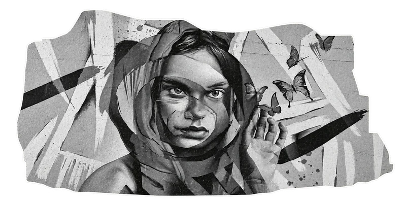 Recorte del mural de arte urbano con un rostro y mariposas