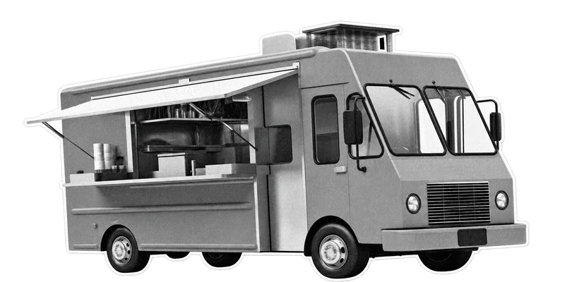 Foodtruck en blanco y negro con la estética collage de ATRAPA FEST